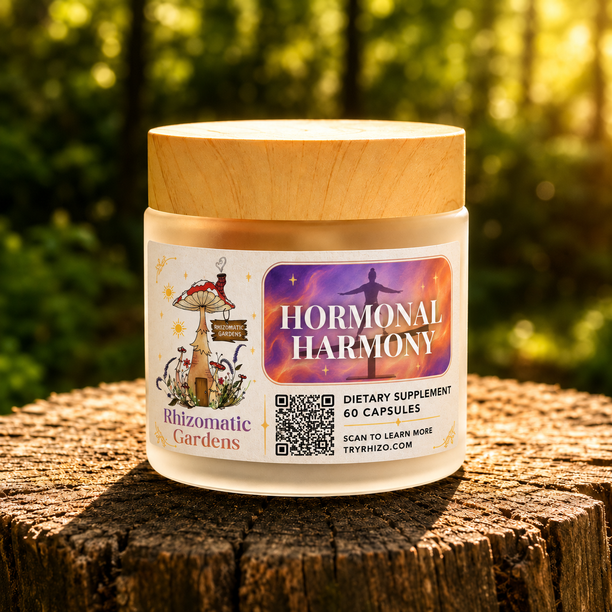 Hormonal Harmony jar by Rhizomatic Gardens on a sunlit forest stump