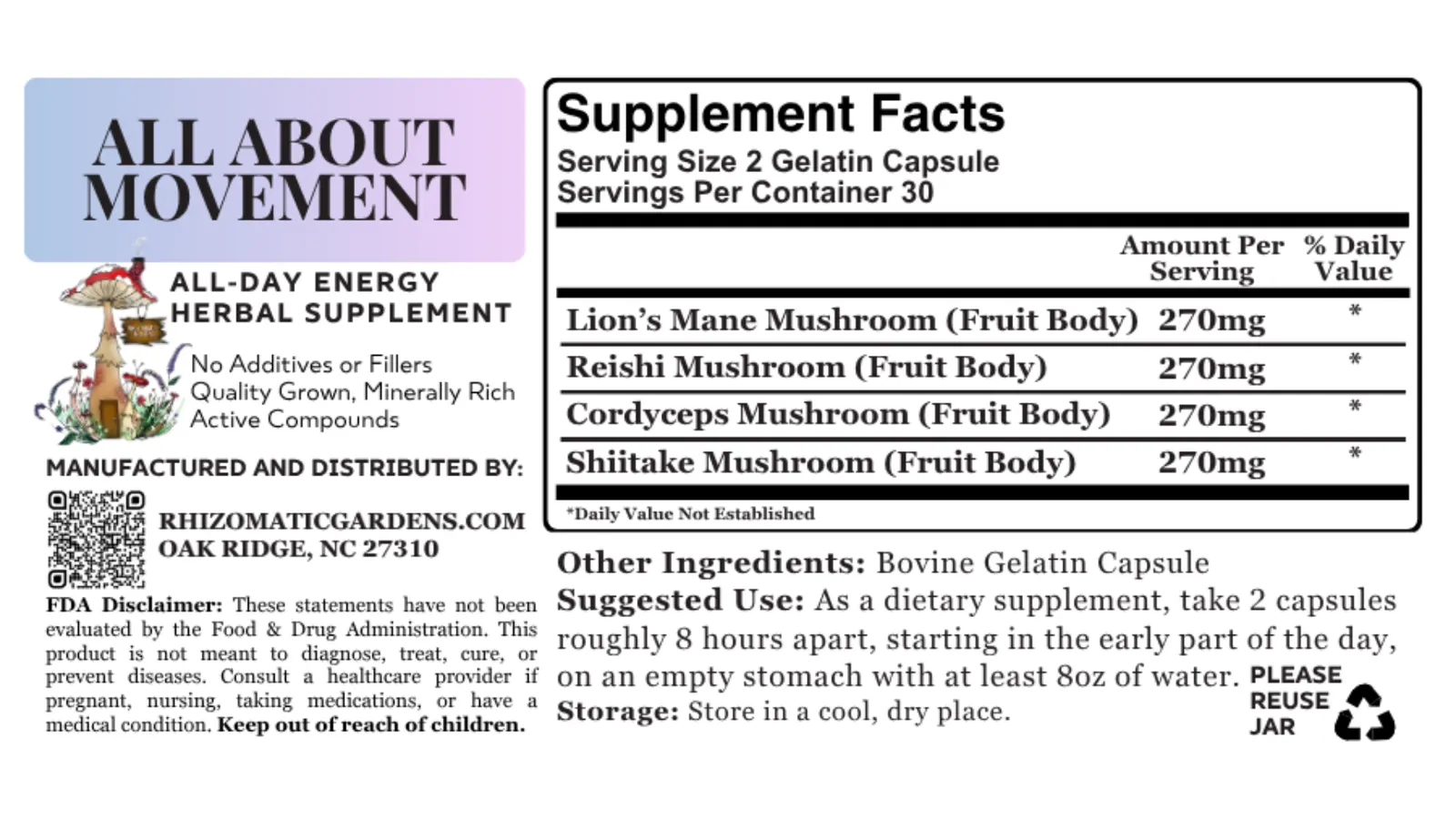 All About Movement Supplement Facts label: serving size 2 gelatin capsules, 30 servings, Lion's Mane, Reishi, Cordyceps, and Shiitake at 270 mg each