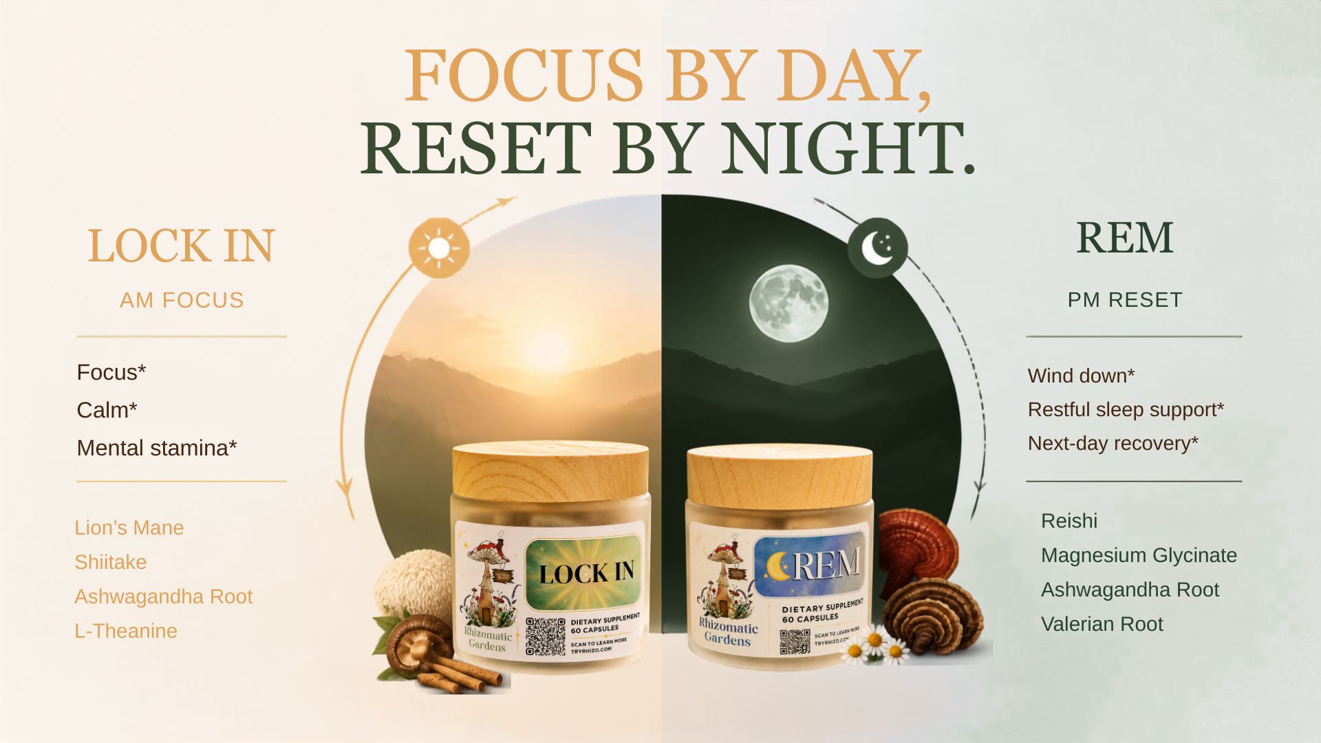 Focus by day, reset by night: LOCK IN for AM focus and REM for PM reset