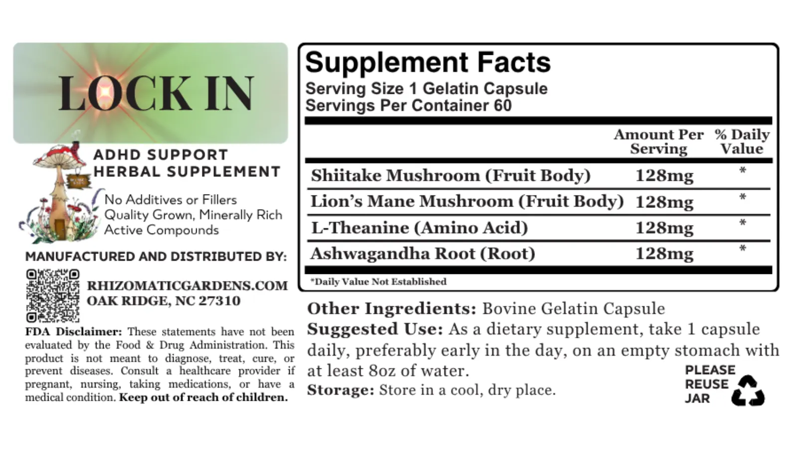 LOCK IN Supplement Facts label: serving size 1 gelatin capsule, 60 servings, Shiitake, Lion's Mane, L-Theanine, and Ashwagandha Root at 128 mg each