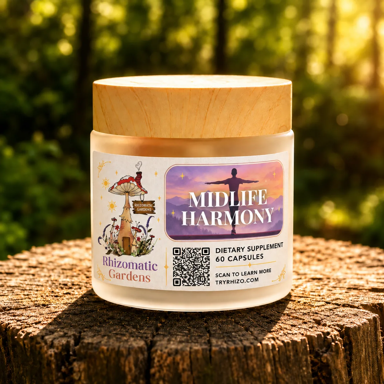 Midlife Harmony jar by Rhizomatic Gardens on a sunlit forest stump