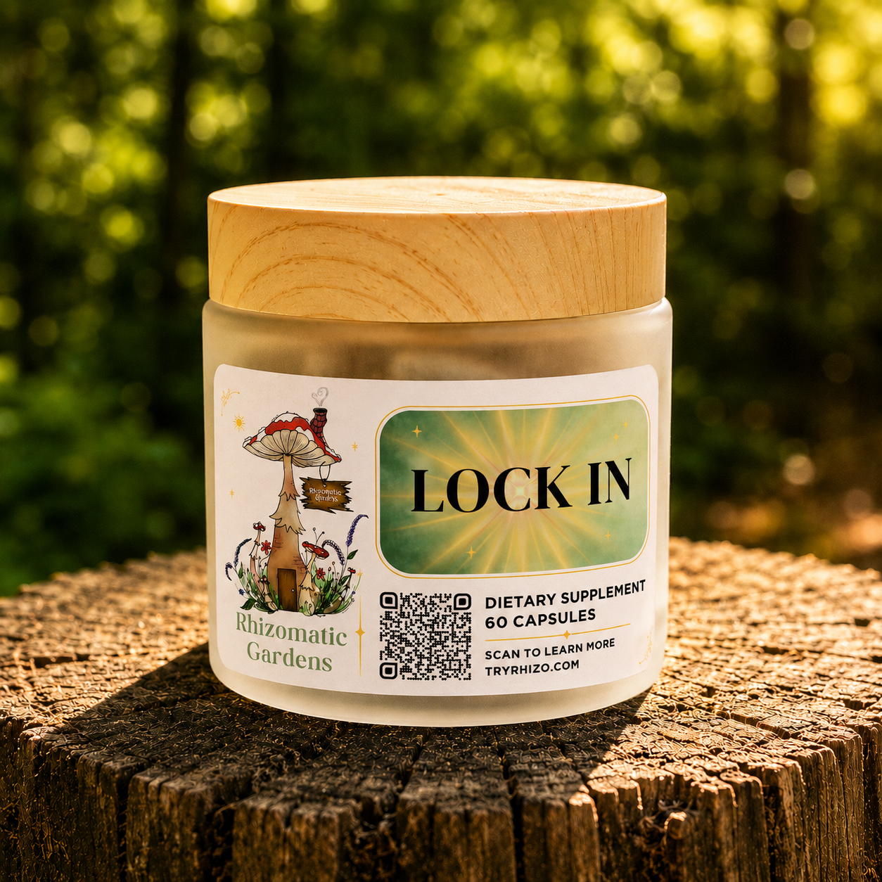 LOCK IN jar by Rhizomatic Gardens on a sunlit forest stump