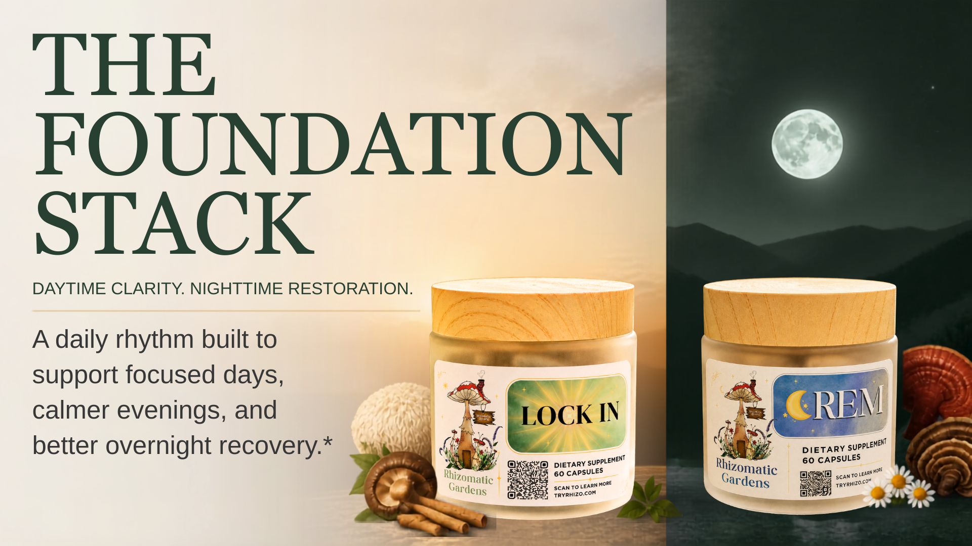 The Foundation Stack: LOCK IN and REM jars shown across a day-to-night scene