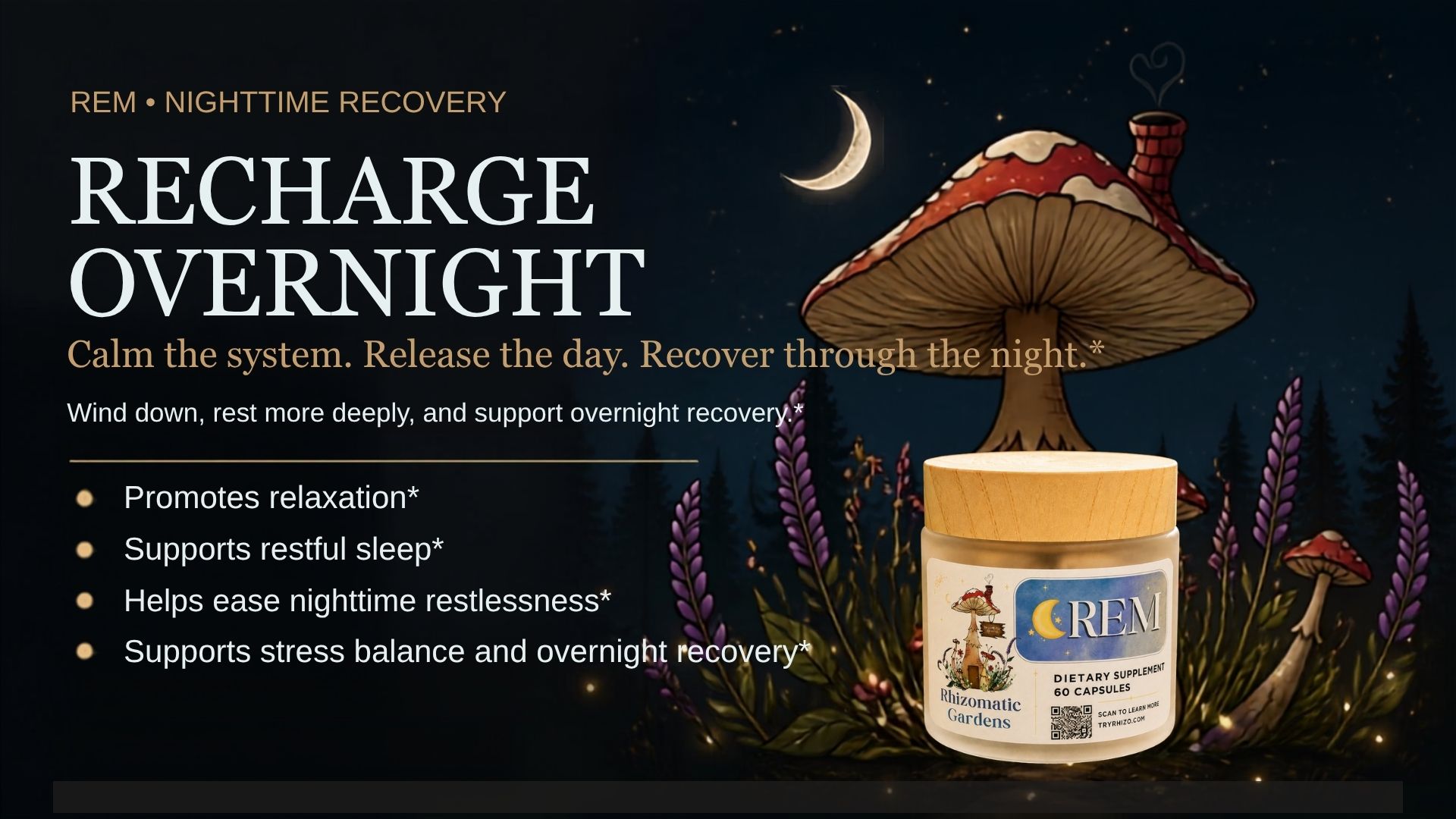 REM Recharge Overnight graphic with updated REM jar and nighttime recovery benefits