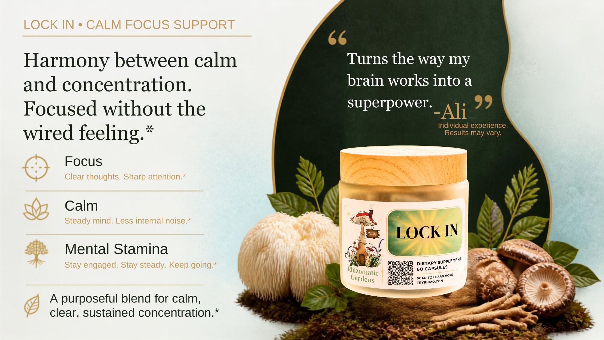 LOCK IN jar with Lion's Mane and Shiitake mushrooms, alongside a customer quote