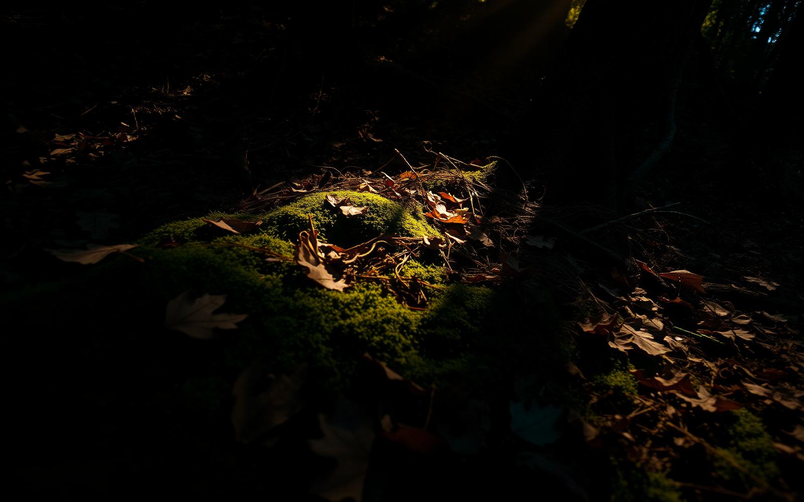 Forest floor with moss and fallen leaves under shafts of golden light