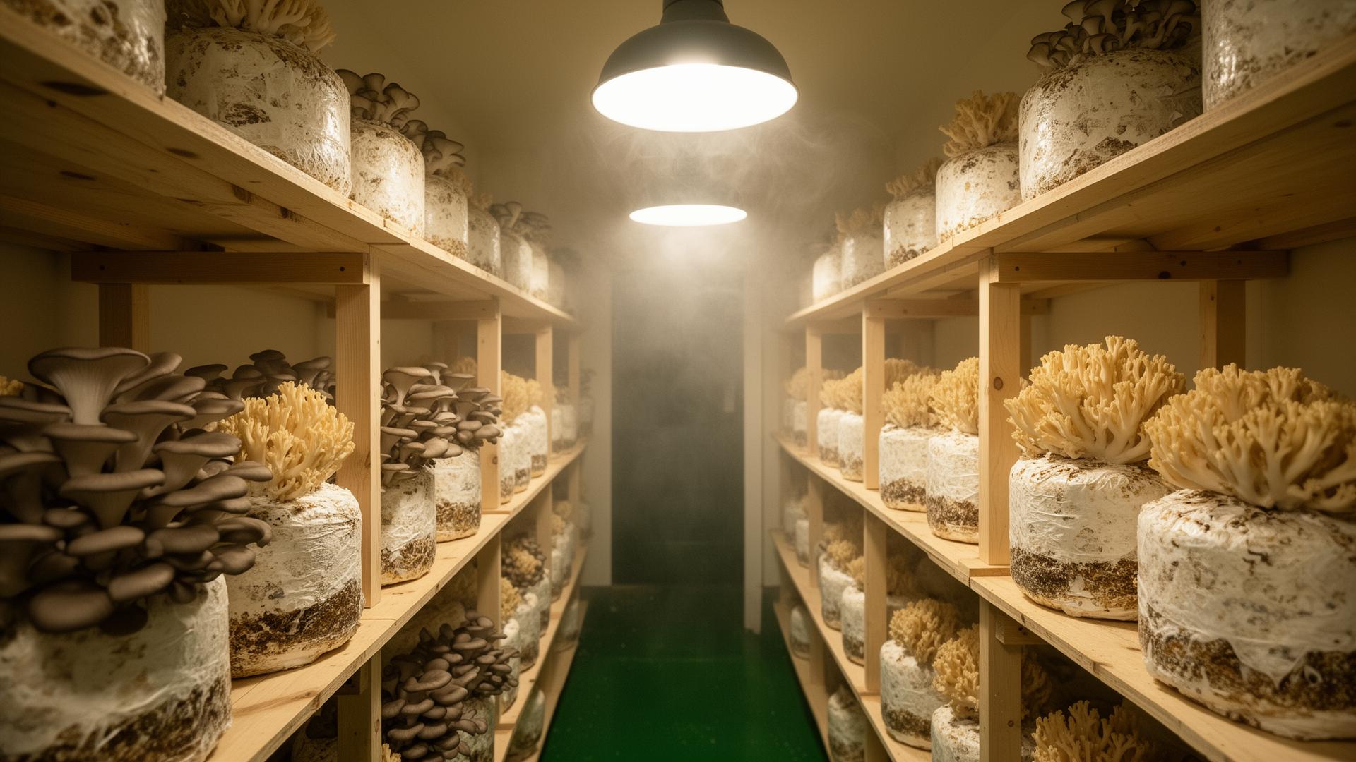 Small artisan mushroom grow room with rows of fruiting blocks producing oyster and lion's mane mushrooms
