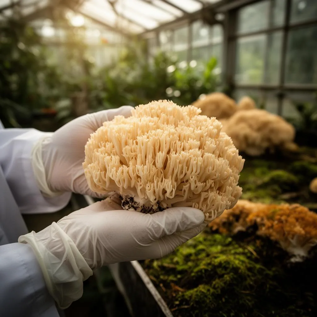 Gloved hands holding a freshly harvested lion's mane mushroom in a sun-dappled greenhouse