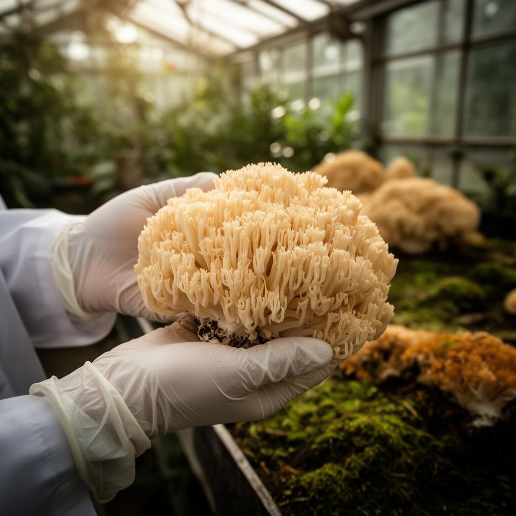 Gloved hands holding a freshly harvested lion's mane mushroom in a sun-dappled greenhouse