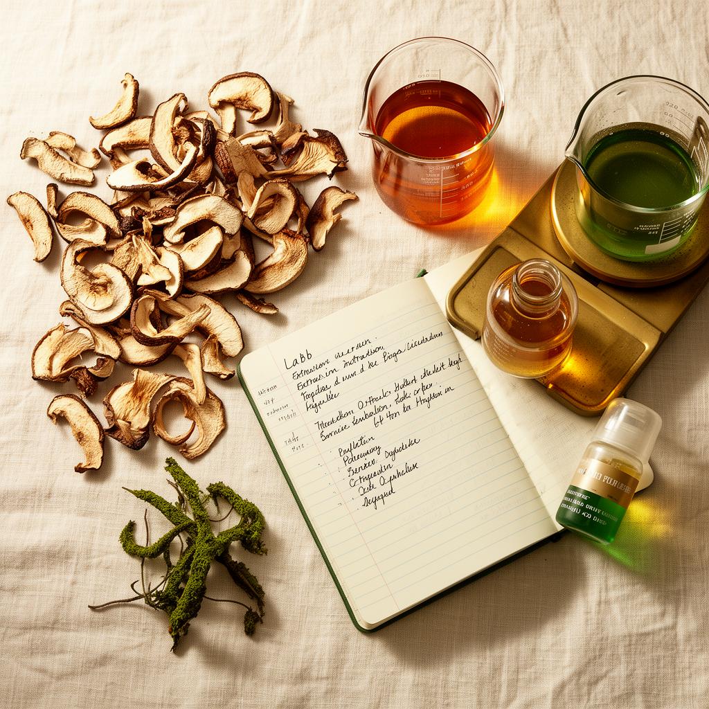 Dried mushroom slices, glass extraction beakers with amber tincture, and a notebook with handwritten lab notes