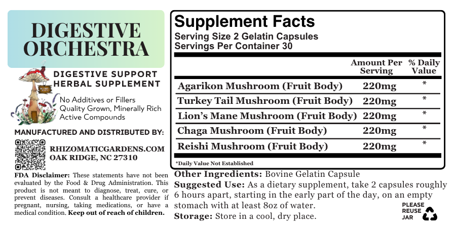Digestive Orchestra supplement facts label: 220mg each of Agarikon, Turkey Tail, Lion's Mane, Chaga, and Reishi mushroom fruit body per gelatin capsule, 30 servings per container