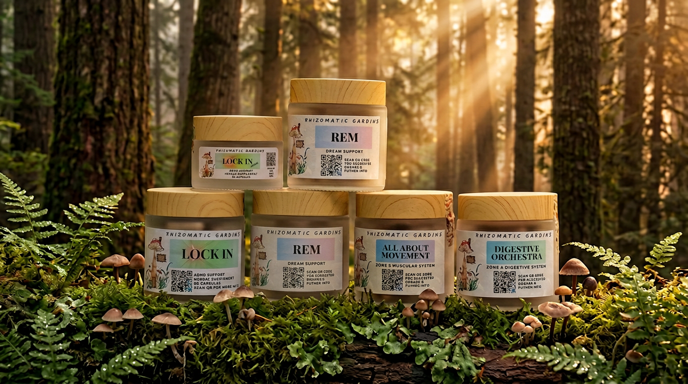 The four Rhizomatic Gardens stacks resting on a moss-covered log in a misty Pacific Northwest forest at golden hour