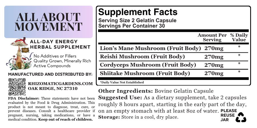 All About Movement supplement facts label: 270mg each of Lion's Mane, Reishi, Cordyceps, and Shiitake mushroom fruit body per 2-capsule serving, 30 servings per container