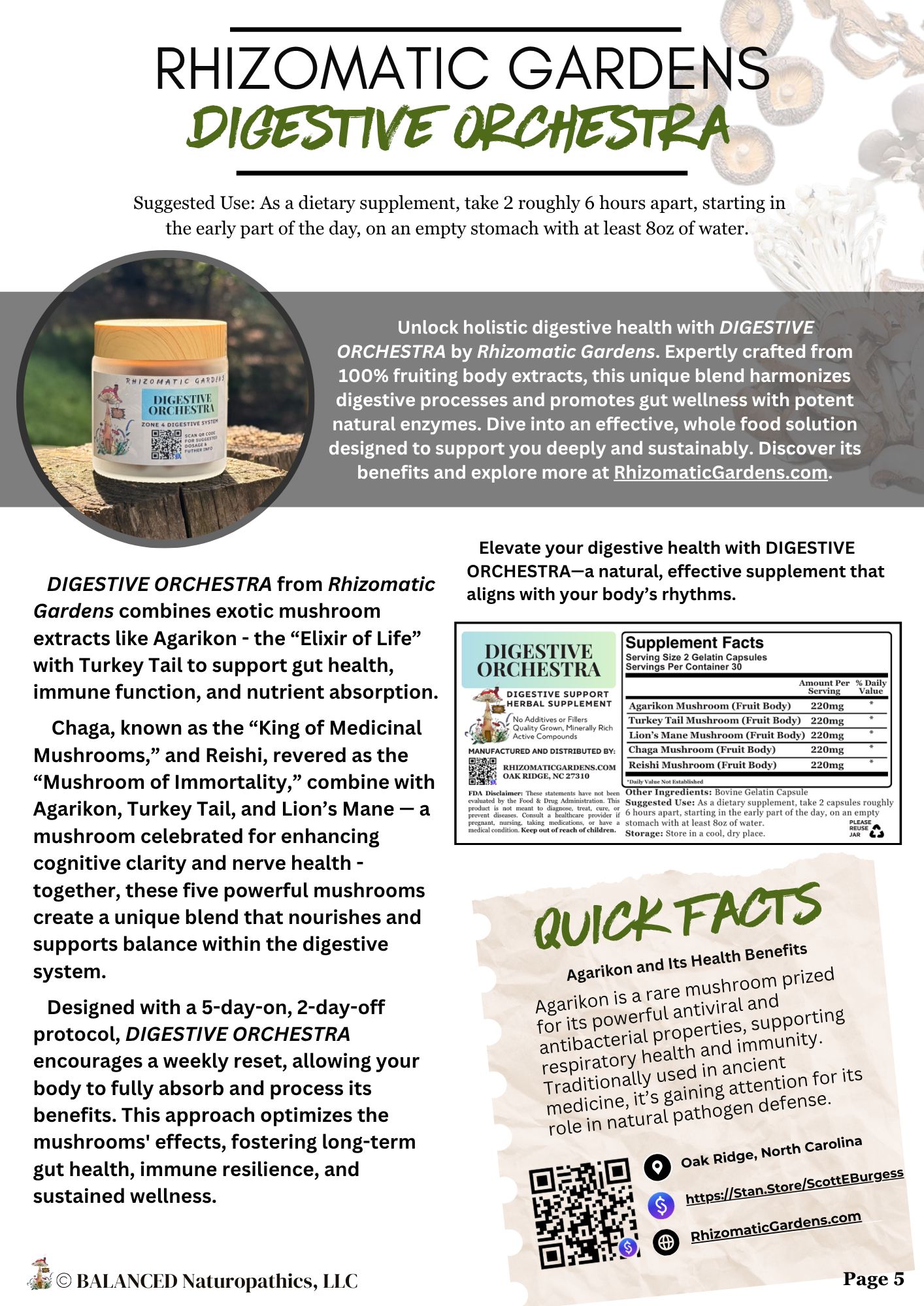 Rhizomatic Gardens Digestive Orchestra page from the Functional Mushroom Resource Guide